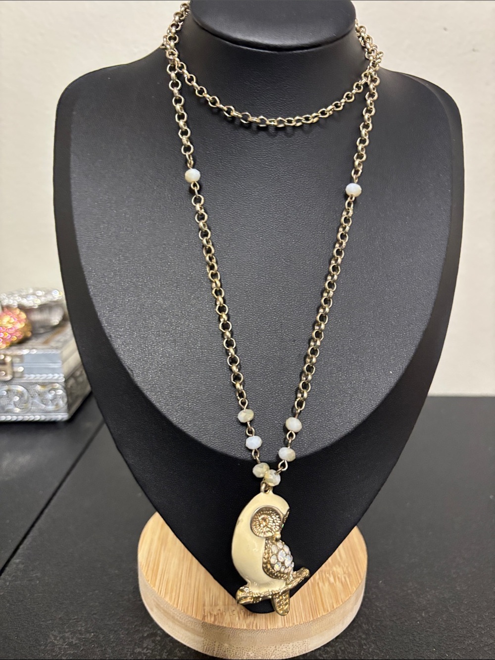 Owl Rhinestone Gold Tone Parrot Pendant Long Necklace - Women Jewelry